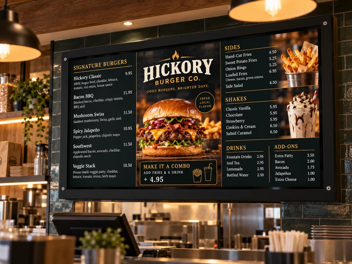 Digital menu board presentation for a local hamburger restaurant