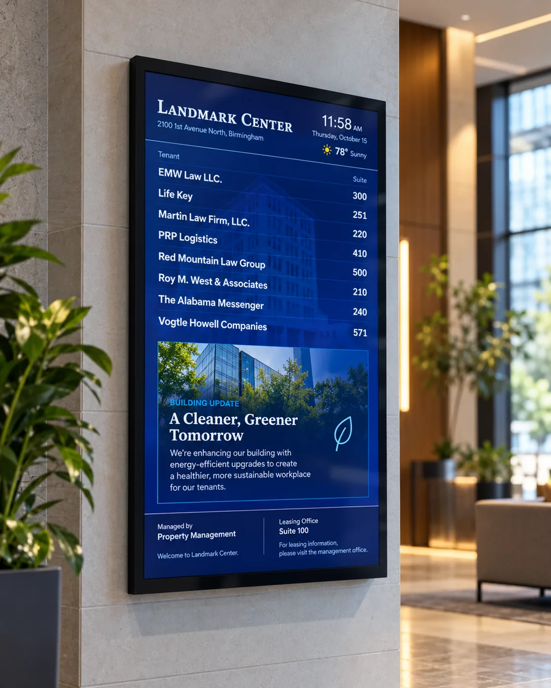 Vertical office building directory in a lobby